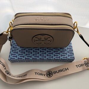 Tory Burch White Leather Double-Zip Crossbody with Gold Logo